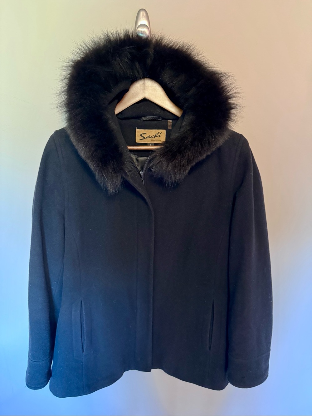 SACHI Black Wool Pea Coat with Fur-Trimmed Hood